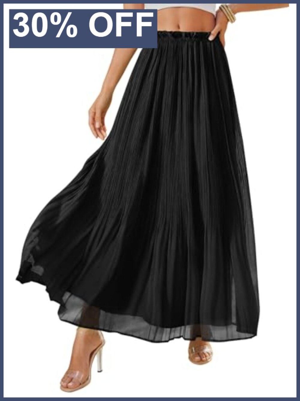 Pleated Midi Skirt High Waisted Smocked Chiffon Flowy A-Line Long Summer Beach
